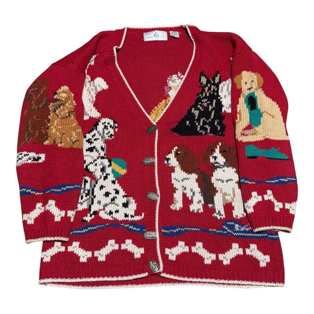Vintage Design Options Dog Pets Red Ramie Cotton Cardigan Sweater Women's Medium - Picture 3 of 10